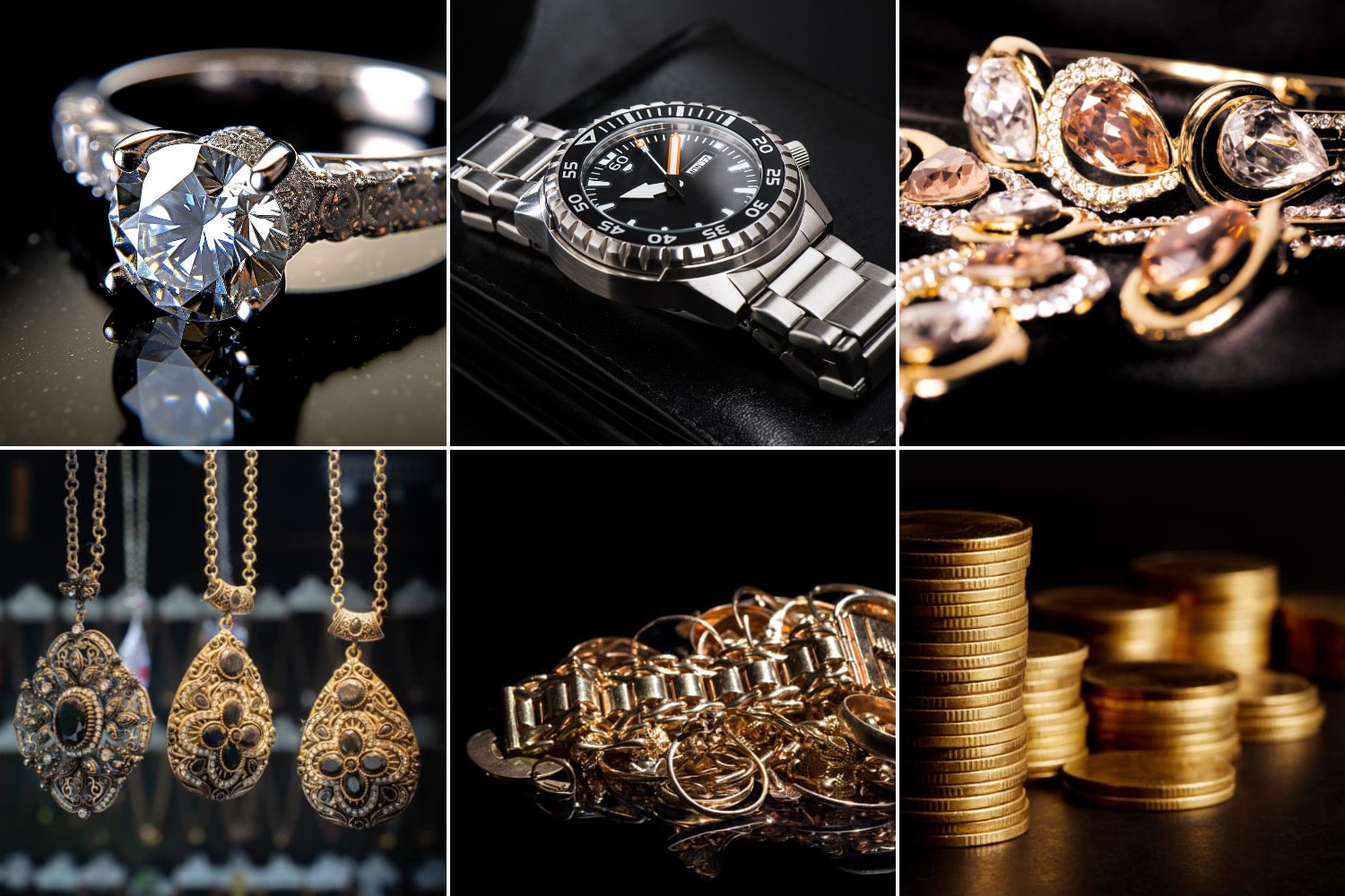 6 frame collage of images; includes gold coins, diamond ring, vintage necklaces, watches, pile of gold jewelry, and various gold and silver rings and necklaces