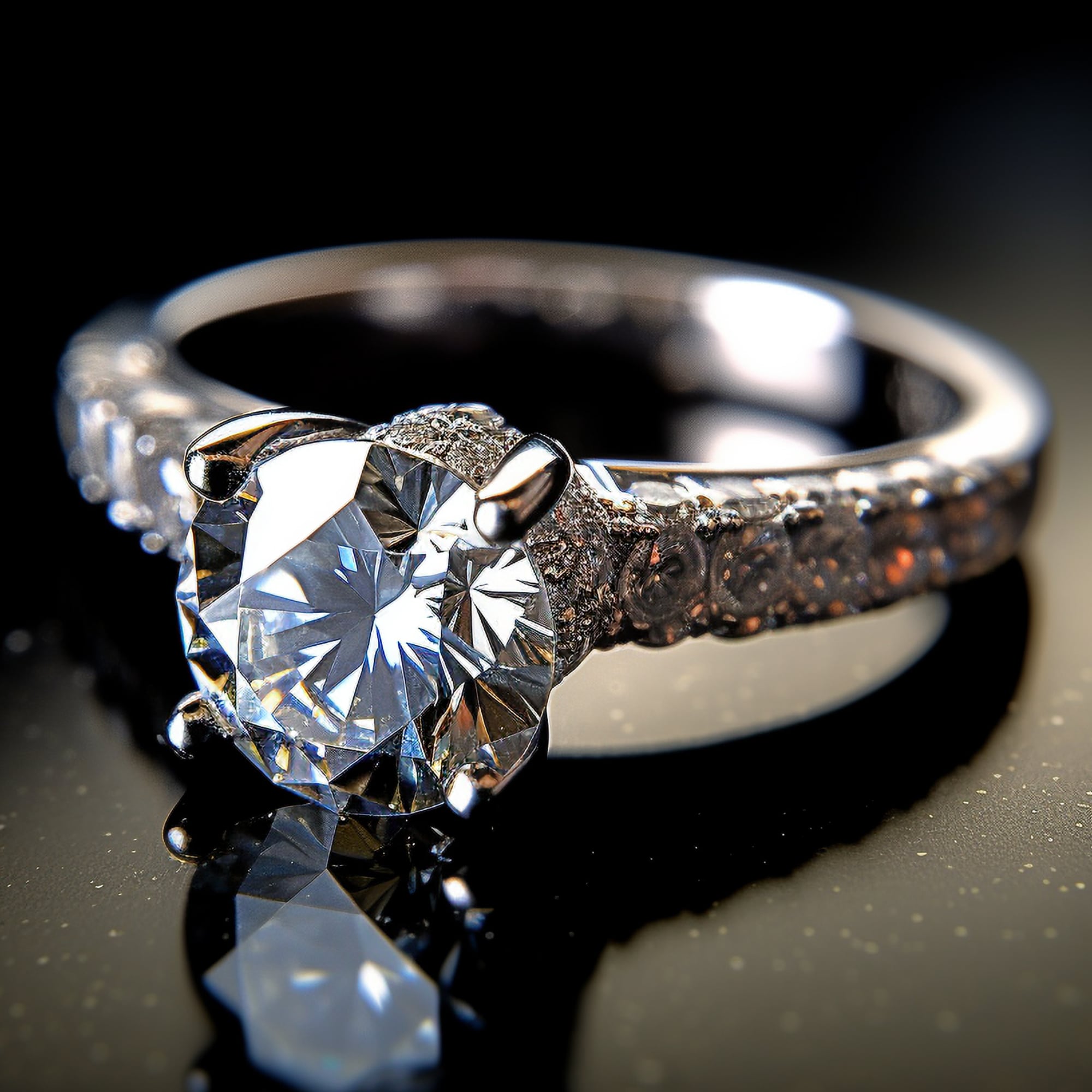 A large diamond wedding ring sitting on a black glass table.